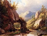 A Mountain Valley With A Peasant And Cattle Passing Along A Stream by Johann Bernard Klombeck